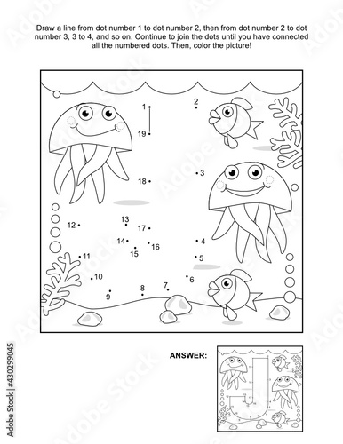 This is math and literacy reinforcement worksheet for little students with letter J dot-to-dot activity and picture which name starts with this letter of English alphabet (jellyfish). Answer included.