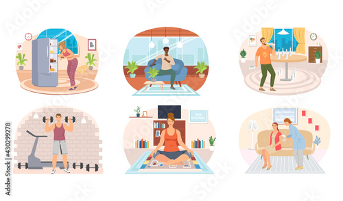 Set of illustrations about people having healthy and unhealthy lifestyle. Habits of characters affect their health. Doing sports, proper nutrition, drink alcohol and smoke. Daily way of life concept