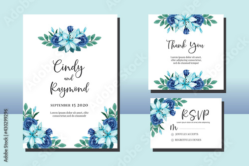 Wedding invitation frame set  floral watercolor hand drawn Lily with Rose Flower design Invitation Card Template