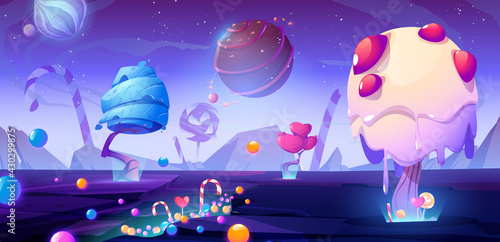 Candy planet cartoon poster with fantasy alien trees and sweets. Magic unusual nature landscape for computer game, fairy tale cosmic background with beautiful strange plants, vector web banner