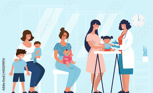 Mom and child at a pediatrician at the clinic. Vaccination of children and babies, health care, protection against infections. Vector illustration.