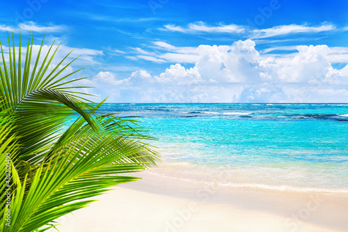 Tropical island landscape  exotic sand beach  turquoise sea water ocean waves  sun blue sky white clouds background  beautiful nature view  summer holidays  vacation  travel