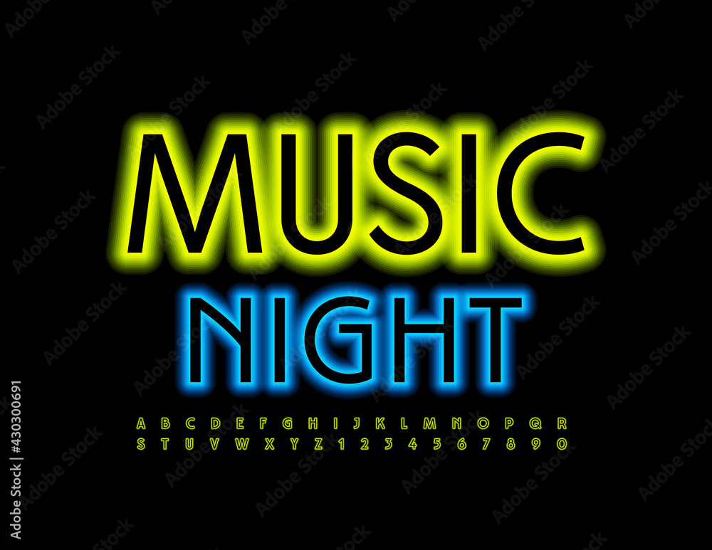 Vector event poster Music Night. Glowing Neon Font. Illuminated Alphabet Letters and Numbers set Vector event poster Music Night. Glowing Neon Font. Illuminated Alphabet Letters and Numbers set