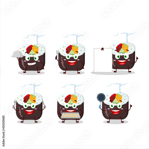 Cartoon character of futomaki with various chef emoticons