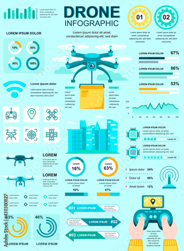 Drone delivery banner with infographic elements. Poster template with flowchart, data visualization, timeline, workflow, illustration. Vector info graphics design of marketing materials concept