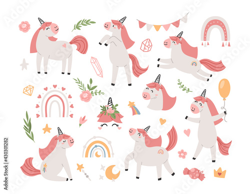 Pink cute unicorn kids isolated clipart bundle