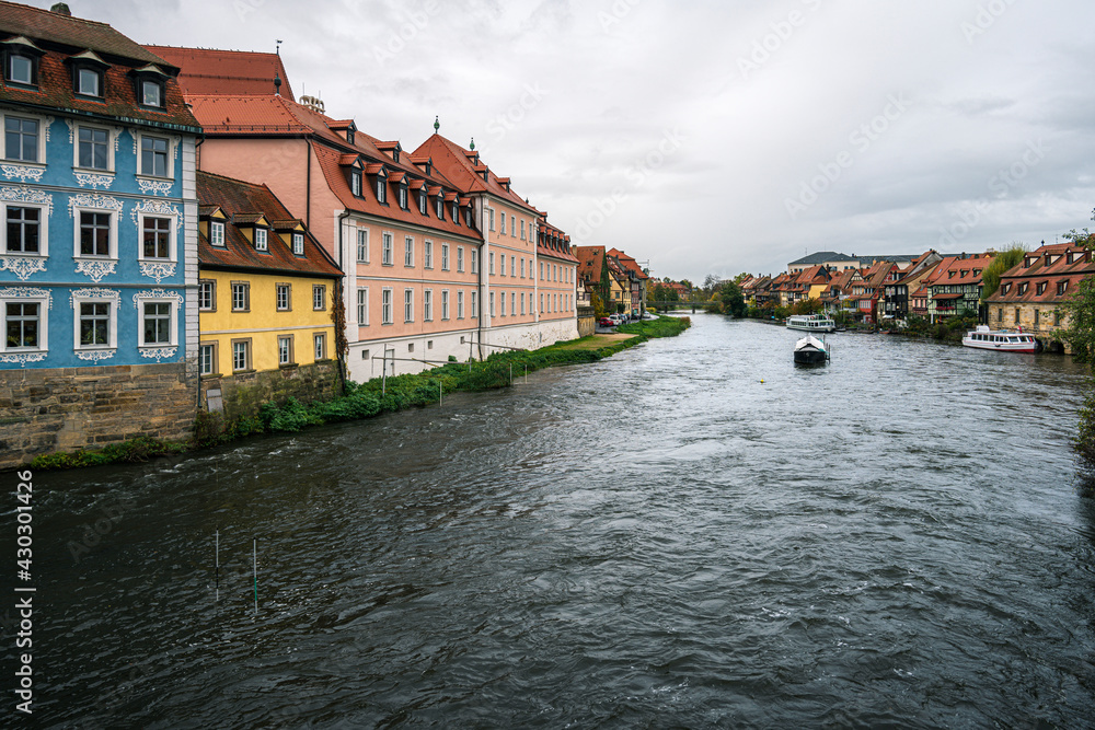 A view from the bridge in Bamberg town in Germany on the canal Linker Regnitzarm