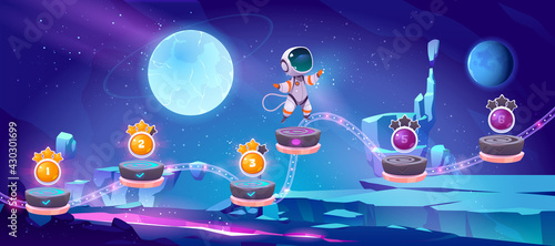 Photo Space game, mobile arcade with astronaut jump on platforms with bonus and asset items on alien planet landscape