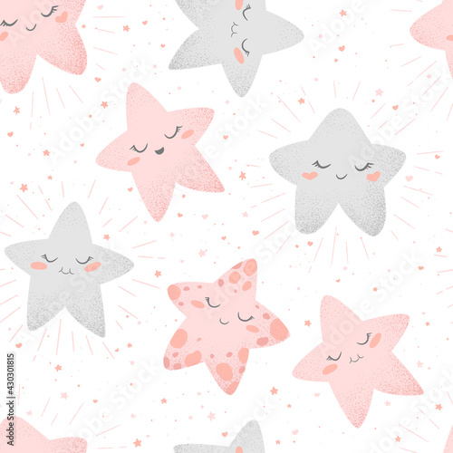 Vector seamless pattern with cute hand drawn cartoon stars and clouds isolated on white background. Design for fabric, print, wallpaper, card, baby room decoration