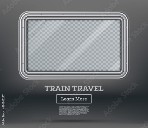 Train Travel. Tourism Concept. Empty Train Window on Gray Background with Checkered Place for Text.