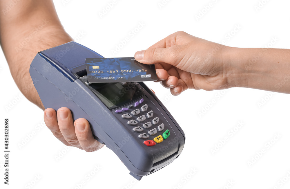 Buyer paying for purchase via terminal on white background Buyer paying for purchase via terminal on white background