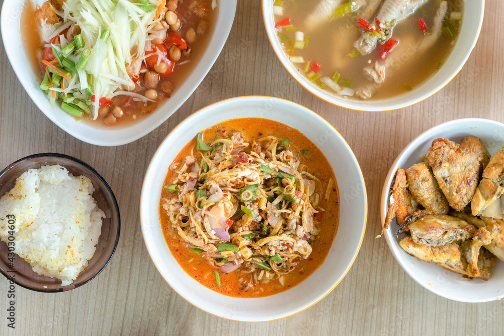 Favourite dish of Thai spicy north eastern style food - flat lay Favourite dish of Thai spicy north eastern style food - flat lay