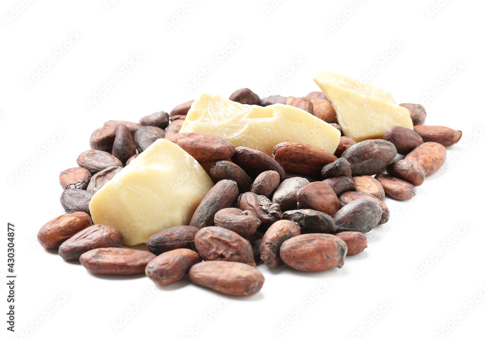 Fototapeta premium Cocoa beans and butter on white background