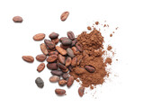 Cocoa beans and powder on white background