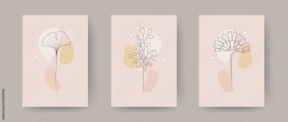 Collection of contemporary flower posters. Hand drawn abstract botanical elements. Minimal interior design and natural wall art. Modern vector illustration.
