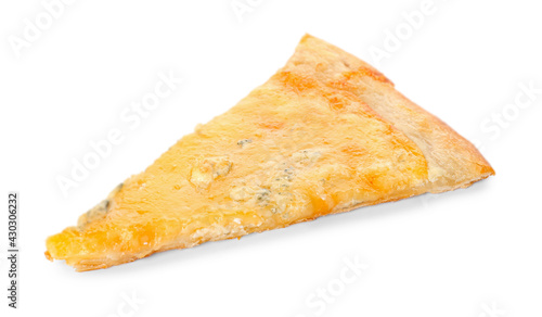Piece of tasty cheese pizza on white background