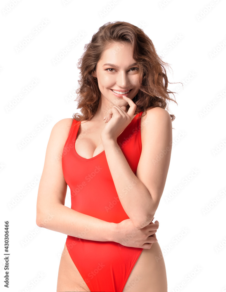 Beautiful young woman in swimsuit on white background Beautiful young woman in swimsuit on white background
