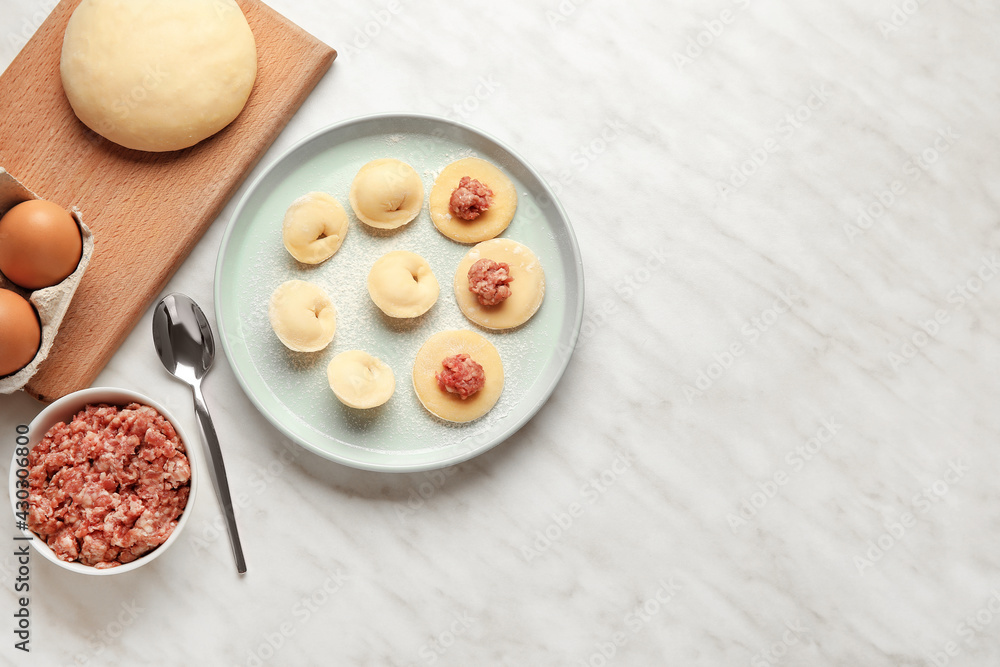 Plate with raw dumplings and ingredients on light background Plate with raw dumplings and ingredients on light background