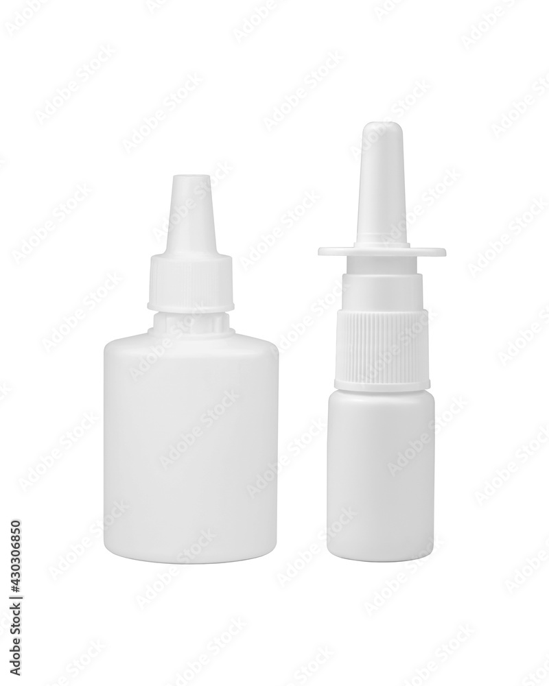 Two spray plastic bottles isolated on white background. Pharmaceutical packaging mockup. Two spray plastic bottles isolated on white background. Pharmaceutical packaging mockup.