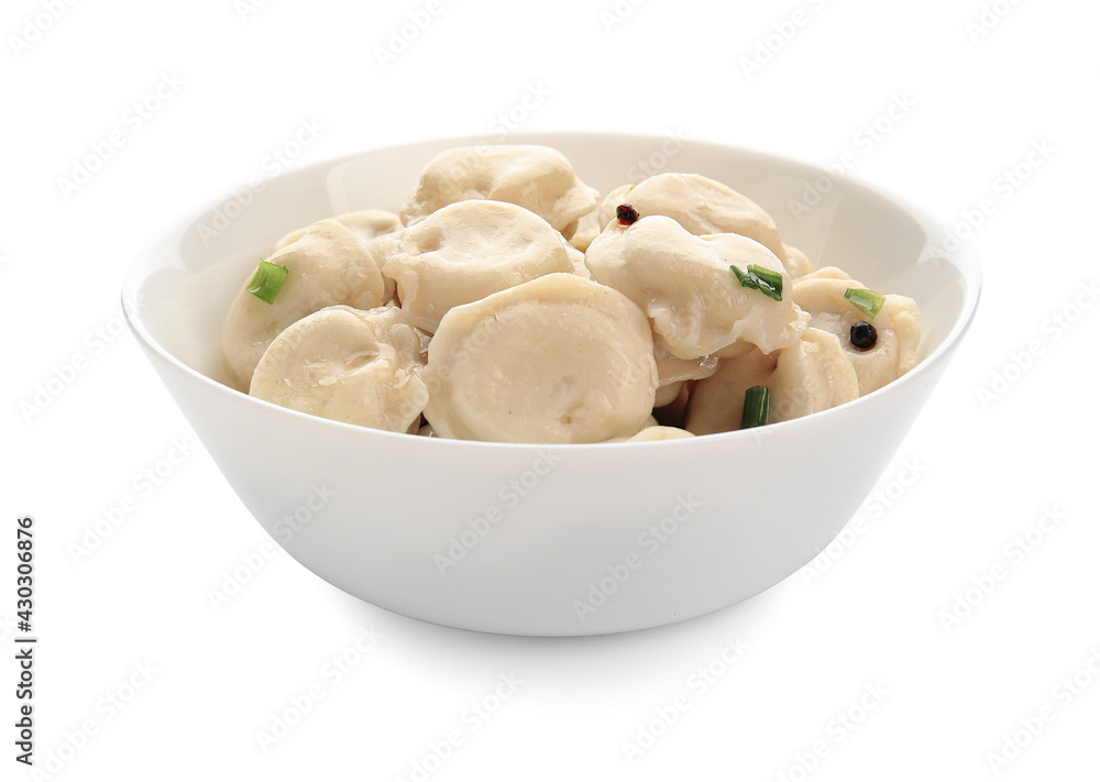 Bowl with tasty dumplings on white background Bowl with tasty dumplings on white background