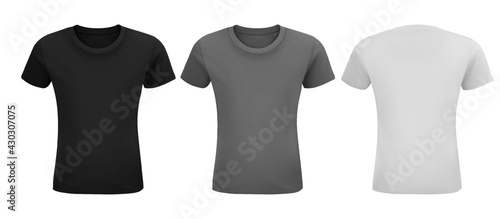 Shirt mock up set. Sport blank shirt template front and back view. Black, gray and white front design. Vector template. photo