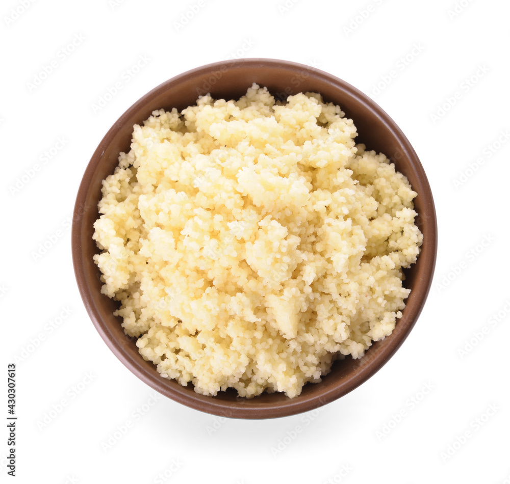 Bowl with tasty couscous on white background Bowl with tasty couscous on white background