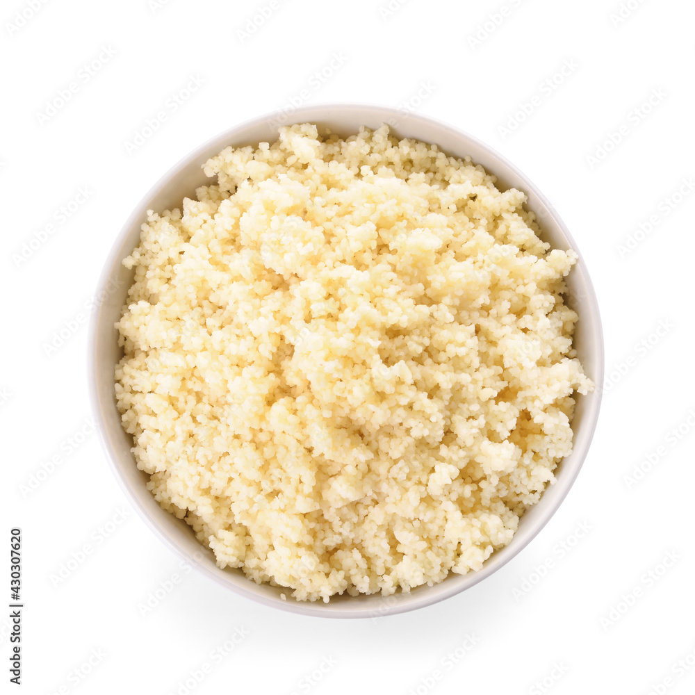 Bowl with tasty couscous on white background Bowl with tasty couscous on white background