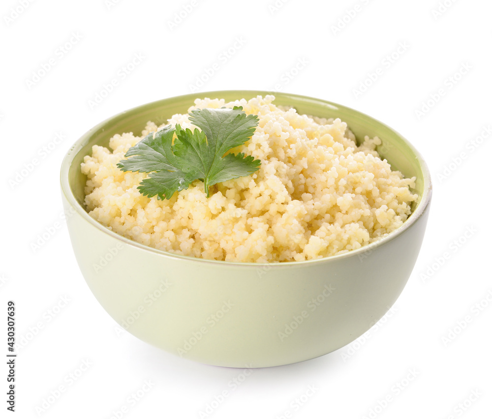 Bowl with tasty couscous on white background Bowl with tasty couscous on white background