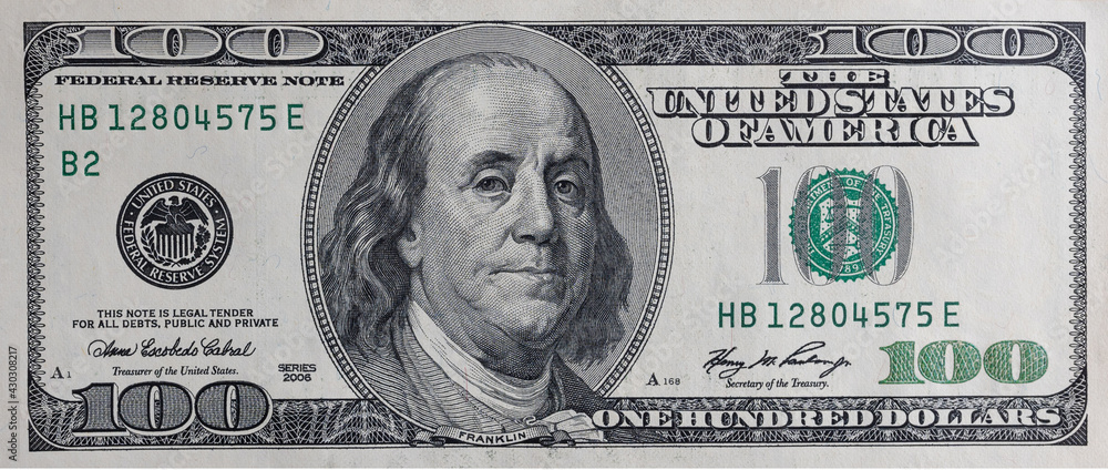 One Hundred Dollar Banknotes background. Dollars Closeup Concept - obrazy, fototapety, plakaty 