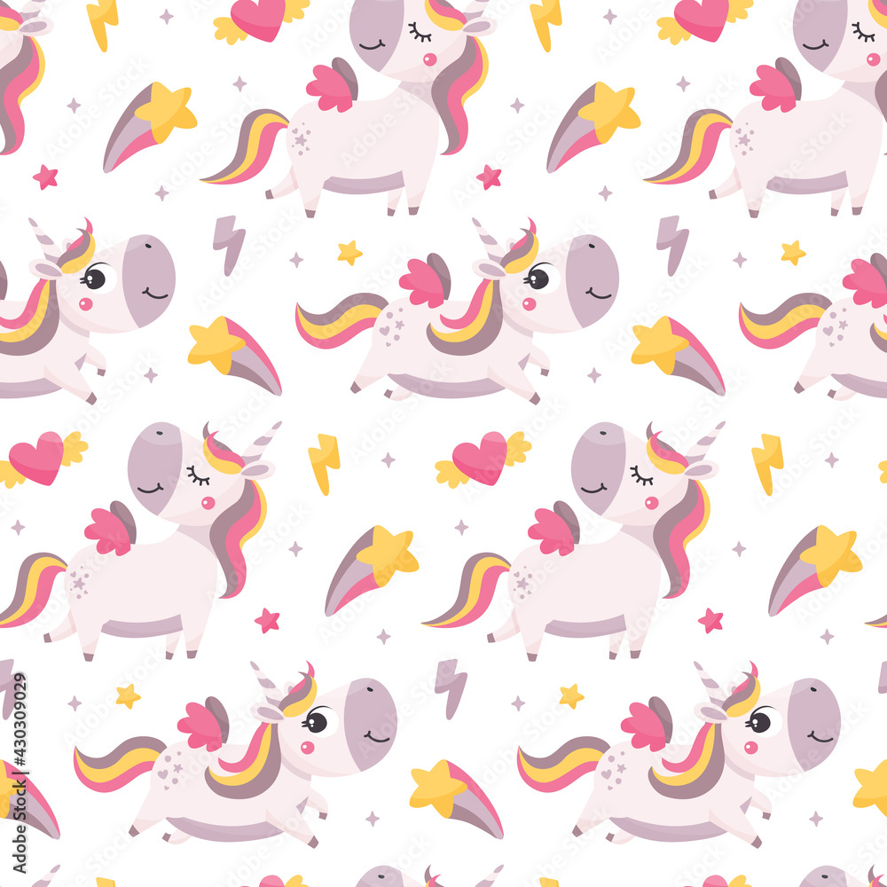 Seamless cute magical celestial vector pattern with unicorns, stars, sky, wings, hearts