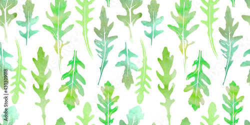Seamless pattern of watercolor arugula leaves