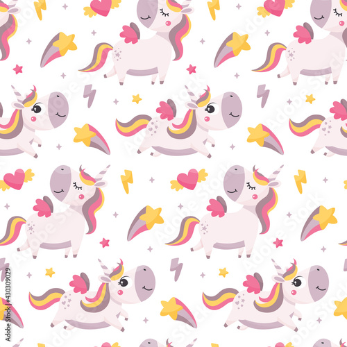 Seamless cute magical celestial vector pattern with unicorns, stars, sky, wings, hearts