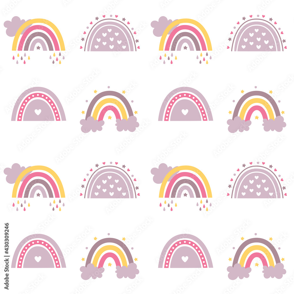 Seamless celestial cute vector pattern with rainbows, clouds, rain, stars Seamless celestial cute vector pattern with rainbows, clouds, rain, stars