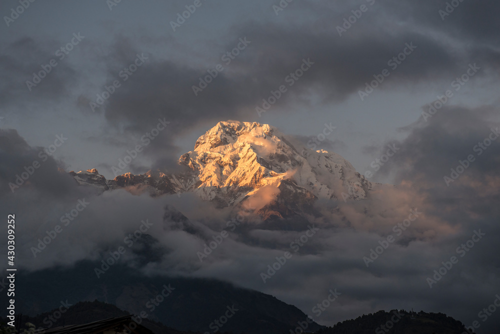 Nepal. South Annapurna. Dramatic sunset.