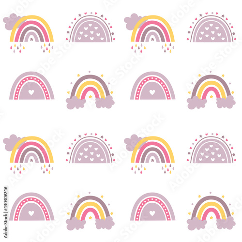 Seamless celestial cute vector pattern with rainbows, clouds, rain, stars
