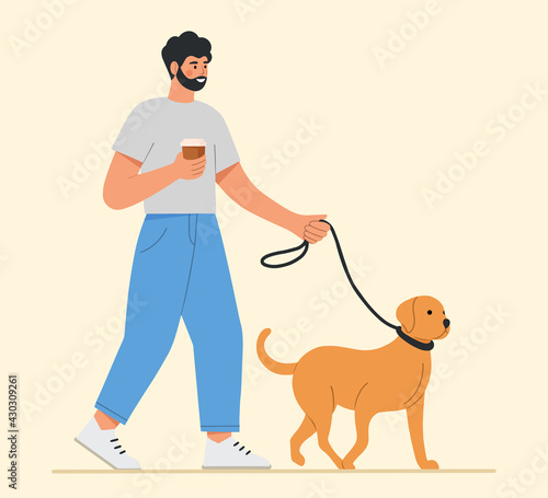 Young man walking with her cute dog. Happy pet owner. Adorable labrador retriever. Flat vector illustration. 