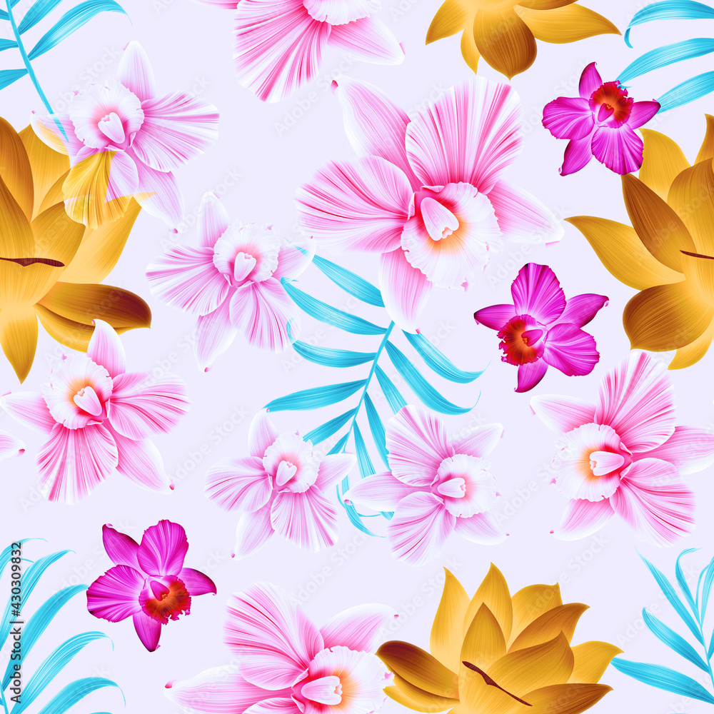 Seamless tropical flower, plant and leaf pattern background.Modern exotic design for paper, cover, fabric, interior decor and other users..