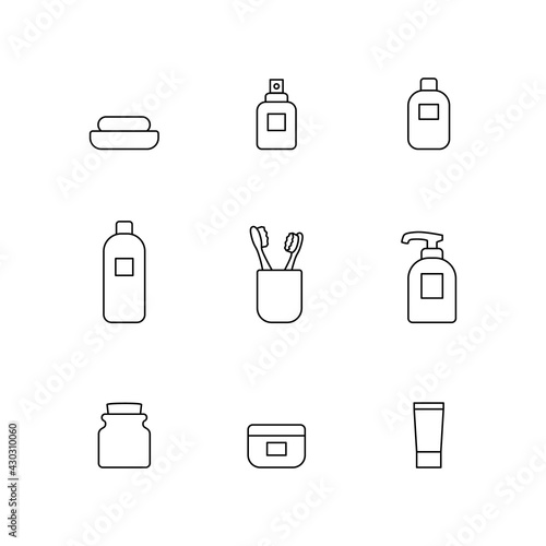 Bathroom vector icon set. Simple bathroom accessories thin line outline signs collection. Personal hygiene concept