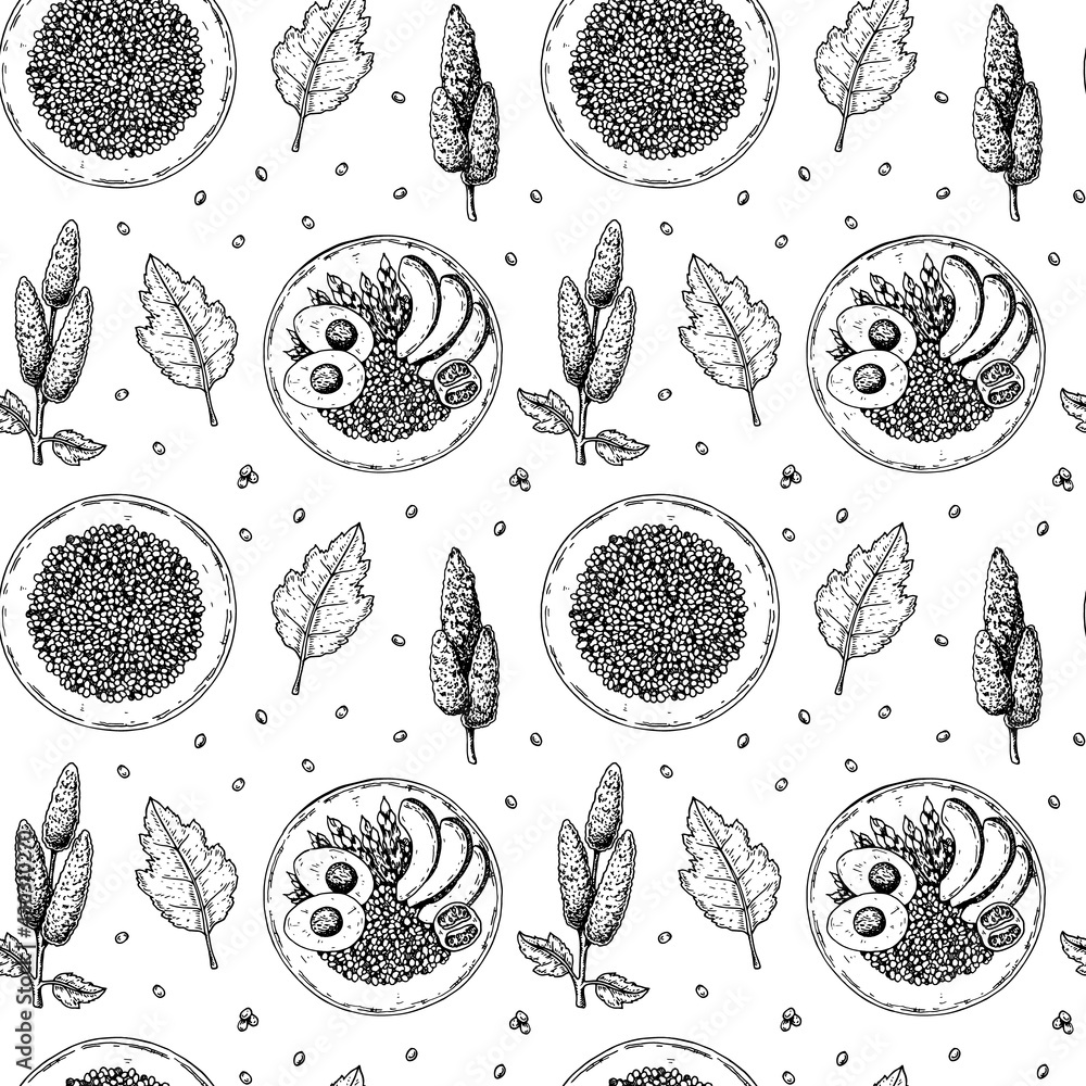 Hand drawn seamless pattern with quinoa bowls. Vector illustration in sketch style