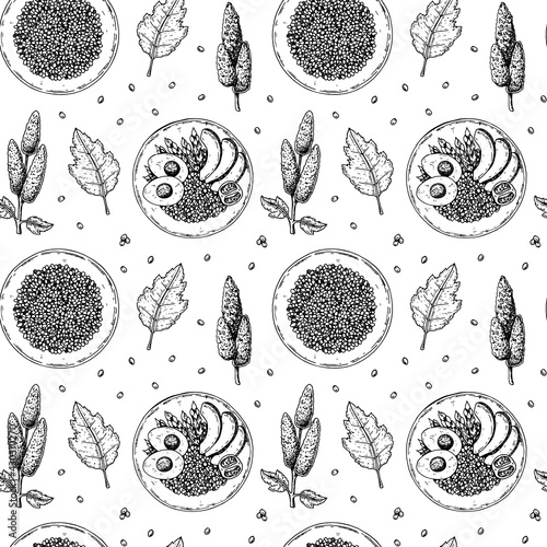 Hand drawn seamless pattern with quinoa bowls. Vector illustration in sketch style