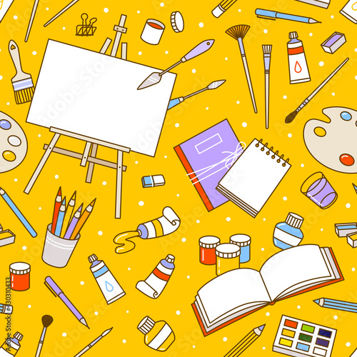 Seamless pattern art supplies on yellow - easel, sketchbooks, paints, watercolor, palette, brushes, drawing pencils - cartoon background for happy art design