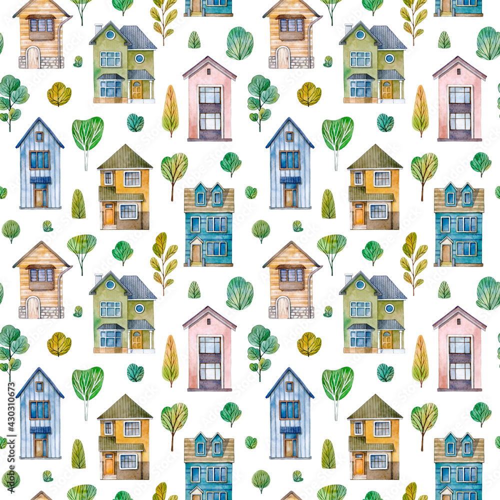 Watercolor seamless pattern with houses and trees on white background.