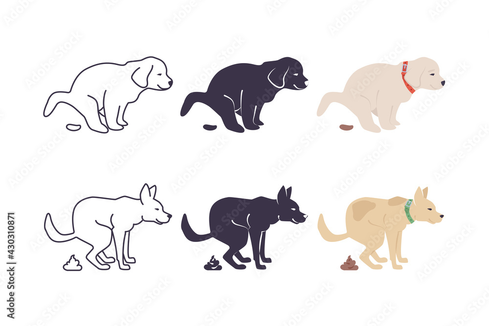 Set with cute dog poop icons. Puppy goes to toilet. Dog defecates. Concept icons for place for walking pets. Vector Illustration