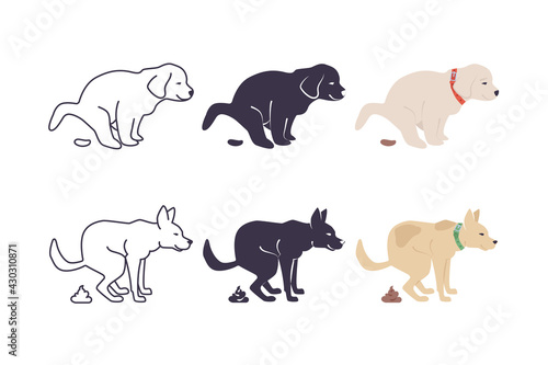 Set with cute dog poop icons. Puppy goes to toilet. Dog defecates. Concept icons for place for walking pets. Vector Illustration