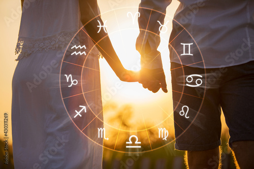 Concept photo of couple with perfect match and love compatibility between zodiac signs