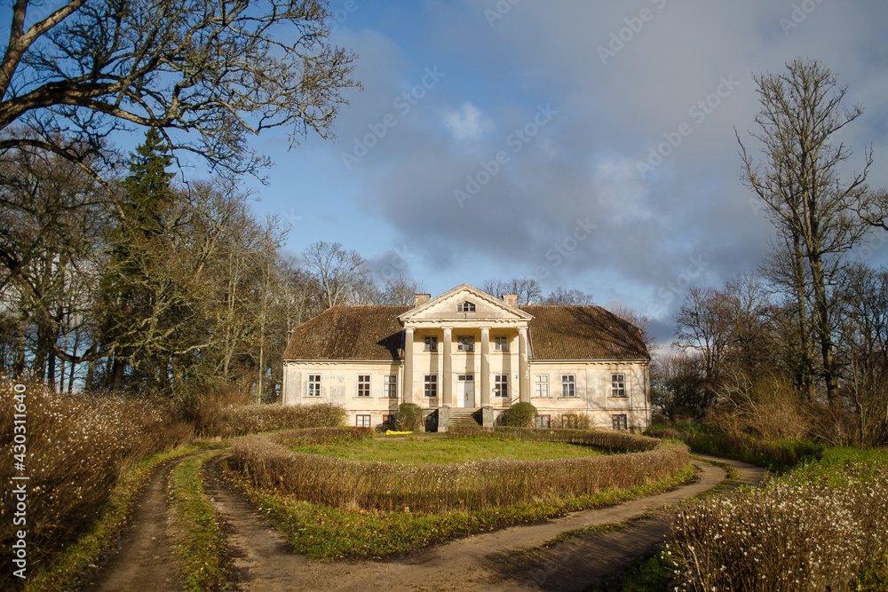 Padure manor in sunny autumn evening, Latvia. 
