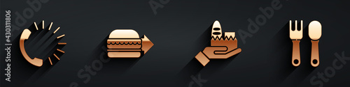 Set Food ordering, Online ordering burger delivery, Online ordering and delivery and Fork and spoon icon with long shadow. Vector