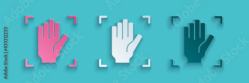 Paper cut Palm print recognition icon isolated on blue background. Biometric hand scan. Fingerprint identification. System recognition and verification. Paper art style. Vector