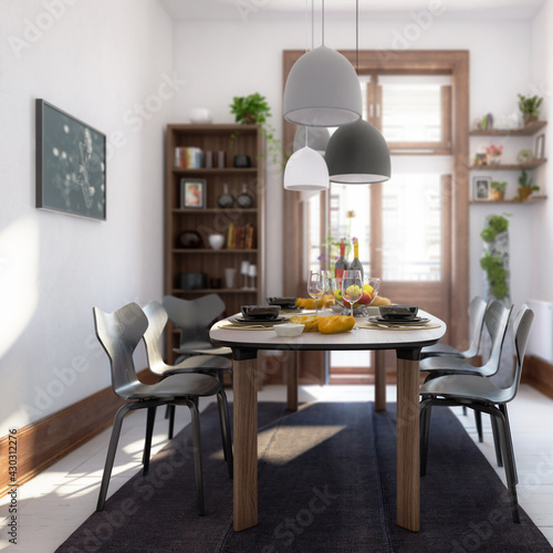 Modern Dinning Room Inside a Fresh Renovated Building - detailed 3d visualization