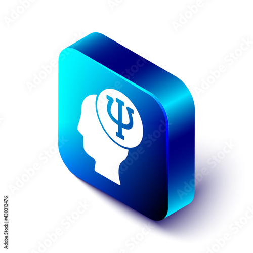 Isometric Psychology icon isolated on white background. Psi symbol. Mental health concept, psychoanalysis analysis and psychotherapy. Blue square button. Vector
